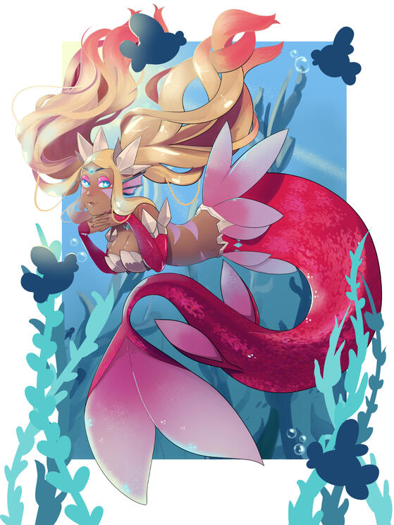 Pinup style art of a Siren, with flowing hair and captivating eyes~