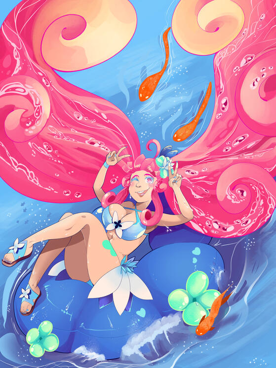 Playful pinup of Arianna making a big splash in a giant tube. Her hair is partial liquid.